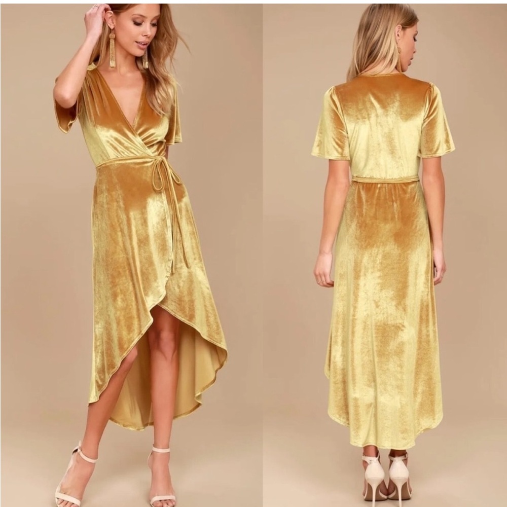 Lulus Amour Golden Yellow Velvet High-Low Wrap Short Sleeve Dress Size S